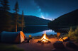 Outdoor recreation, camping, bonfire, night, tent. In the background there is a beautiful starry sky and mountains.