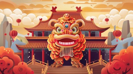 Wall Mural - Happy New Year in Chinese is written on the top of this CNY koi greeting card, depicting a lion dance head puppet standing before a traditional Chinese architectural landmark.