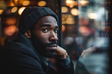 Wall Mural - Handsome african american man in black hat and jacket looking away while standing in front of cafe window