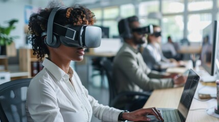 Poster - Woman Using Laptop Computer With Virtual Headset
