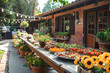 A beautifully prepared garden buffet with fresh fruits, eatables and sunflowers on a rustic wooden table