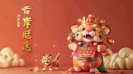 Wall Mural - An image of the 2022 Caishen banner of the God of Wealth with a lucky bag filled with a written blessing and the zodiac animal tiger walking out from behind.