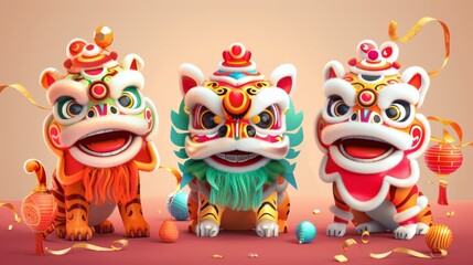 Wall Mural - An element of the Chinese New Year lion dance. Lion puppets are held by cute tigers who are performing joyfully on occasions for temple fairs and spring festival parades.