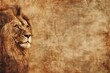 close-up of an aged paper texture showcasing a detailed water sign with a majestic lion head, rendered in rich sepia hues