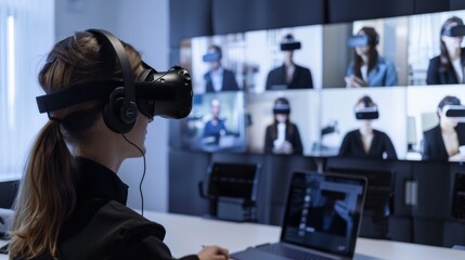 Poster - Woman With Virtual Headset Using Laptop
