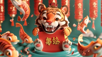 Wall Mural - The 2022 Chinese New Year red envelope template features an illustration of a tiger in Chinese god of wealth costume popping out of a red envelope with kois swimming across it. The message on the