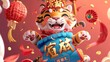 A tiger in Caishen costume peeks out from a blue lucky bag on a red envelope with the Chinese message 