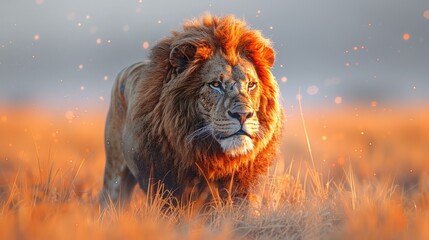Wall Mural - Male Lion Stalking Through Tall Grass, Ready to Launch into Action.