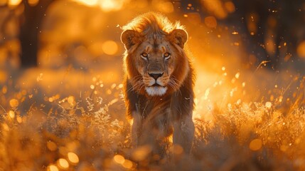 Wall Mural - Male Lion Stalking Through Tall Grass, Ready to Launch into Action.