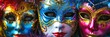 Various colorful venetian masks close up photo for masquerade or carnival concept