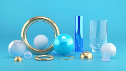 Poster - Discs, balls, glass, ring, and other geometric elements isolated on blue background.