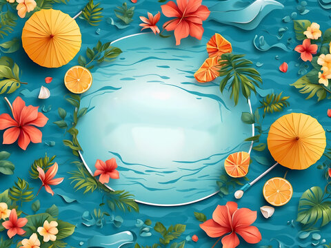 Hello, summer vector background design. Hello, summer greeting text in a blue water pattern with a leaf design and tropical umbrella elements for a relaxing holiday vacation. Vector illustration