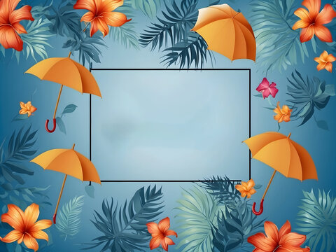 Hello, summer vector background design. Hello, summer greeting text in a blue water pattern with a leaf design and tropical umbrella elements for a relaxing holiday vacation. Vector illustration