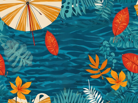 Hello, summer vector background design. Hello, summer greeting text in a blue water pattern with a leaf design and tropical umbrella elements for a relaxing holiday vacation. Vector illustration