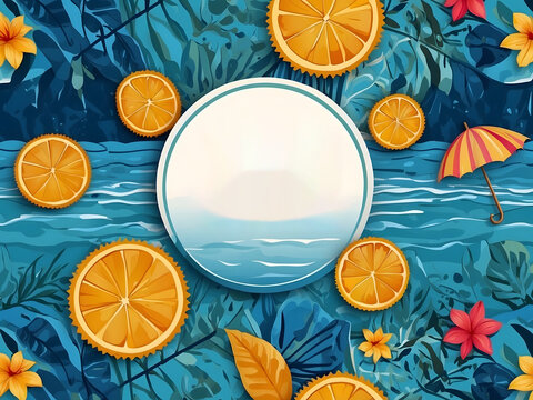 Hello, summer vector background design. Hello, summer greeting text in a blue water pattern with a leaf design and tropical umbrella elements for a relaxing holiday vacation. Vector illustration