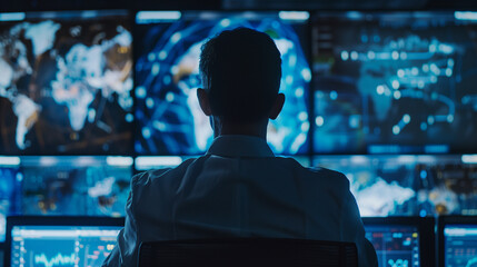 Poster - A man in a suit is looking at a computer screen with a world map on it.