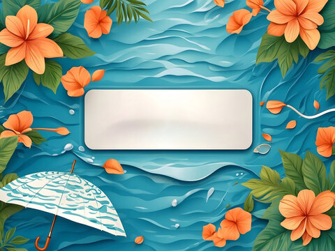 Hello, summer vector background design. Hello, summer greeting text in a blue water pattern with a leaf design and tropical umbrella elements for a relaxing holiday vacation. Vector illustration