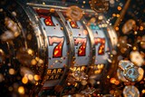 Fototapeta  - A vibrant depiction of a slot machine in action with glistening coins, symbolizing the thrill of potentially hitting the jackpot
