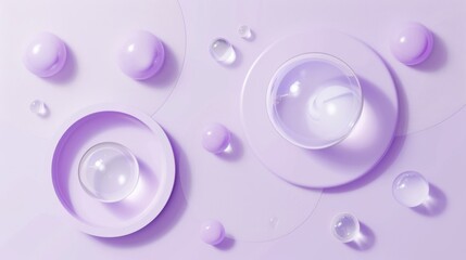 Poster - Three-dimensional geometric elements including round discs, balls, and glass isolated on light purple