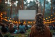 © Larisa AI - A woman enjoys a unique cinema experience with a movie screen set amidst a forest, lit by fairy lights