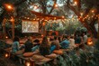 Cozy outdoor movie night setting with string lights and an engaged audience in a backyard-style venue