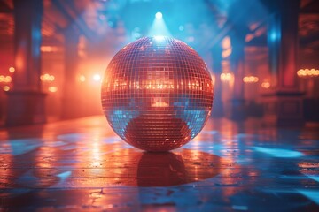 Poster - An atmospheric scene with a disco ball reflecting warm tones over a polished wooden floor, surrounded by ambient smoke