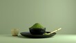 Matcha powder on black plate and bamboo tea scoop in 3D isolated on green background. Elements for Japanese tea ceremony.