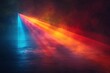 Abstract light beams in minimalist style: One gradient transitions from blue to green, the other from orange to red. They meet in a bright point against a black background. 