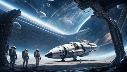 a group of astronauts in white suits stands before a futuristic spaceship docked in a massive space 