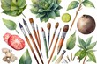A whimsical watercolor painting depicting the concept of gardening, featuring an array of colorful garden supplies such as tools, seeds, and pots.