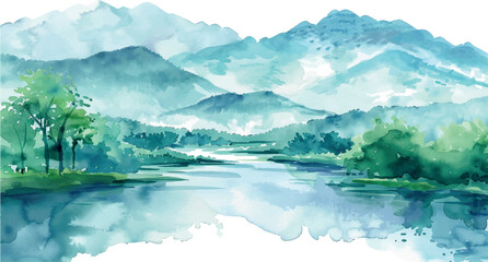 Wall Mural - watercolor background landscape with lake and mountains