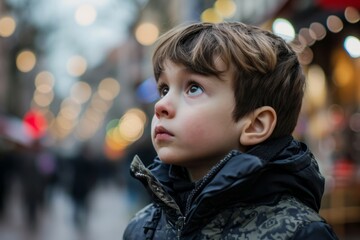 Wall Mural - Portrait of a little boy in the city. Shallow depth of field