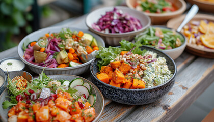 Vegan lunch bowls on a wooden table.