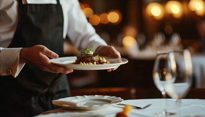 waiter serving meat on a plate.