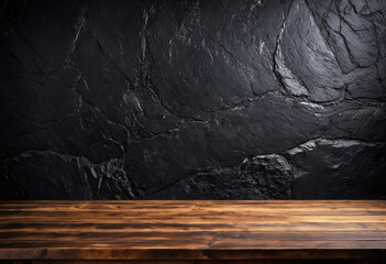Poster - Empty wooden table with black stone wall background