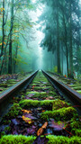 Fototapeta Do akwarium - Abandoned railway tracks in forest, covered with leaves and moss. Mystical landscape. Adventure travel. Generative AI