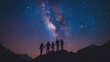 Silhouettes of the people standing together holding hands against the Milky Way