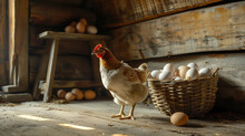 A Chicken Is Standing In Front Of A Basket Of Eggs. Chicken Standing In Front Of Eggs On An Old Wood Floor In The Style Of Golden Light, Some Eggs Is In A Basket In Farm Cabincore, Farm Administration