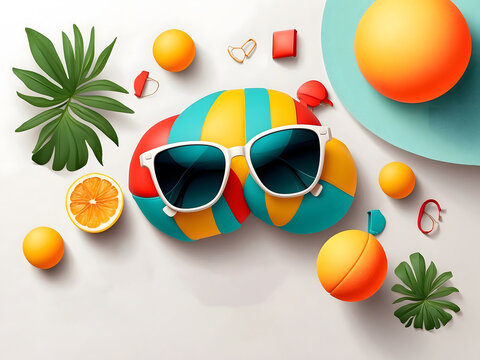 Hello, summer vector background design. Hello, summer text with a beach ball, camera, and sunglasses elements in a minimalist space for flat-lay photography design. Vector illustration