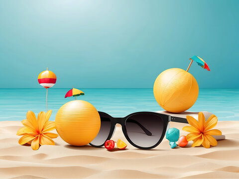 Hello, summer vector background design. Hello, summer text with a beach ball, camera, and sunglasses elements in a minimalist space for flat-lay photography design. Vector illustration