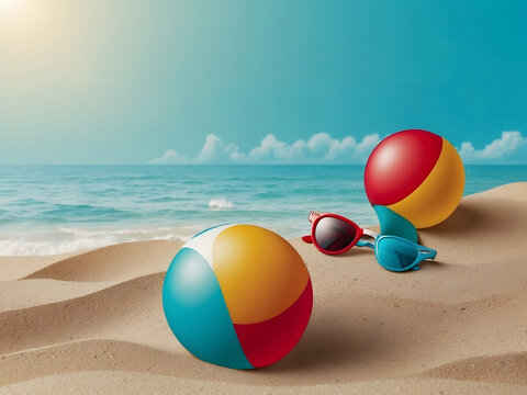 Hello, summer vector background design. Hello, summer text with a beach ball, camera, and sunglasses elements in a minimalist space for flat-lay photography design. Vector illustration