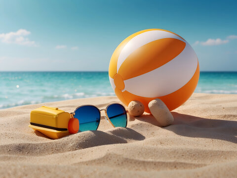 Hello, summer vector background design. Hello, summer text with a beach ball, camera, and sunglasses elements in a minimalist space for flat-lay photography design. Vector illustration