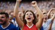 Young woman cheering at the sport game from audience, moments of celebration, crowd reactions to game-changing decisions and people showing team spirit through chants and cheers. 