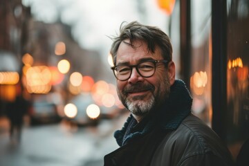 Wall Mural - Portrait of a handsome middle-aged man with gray beard and glasses in the city at night