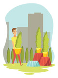 Fototapeta Miasto - Urban gardening, person who takes care of plants. Ecological and sustainable green lifestyle. Urban environment concept. City parks element for advertising flyer. Vector illustration