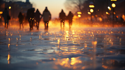 Wall Mural - people walking in the city street crowd at winter time