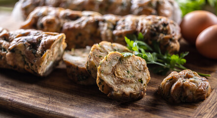 Wall Mural - Traditional Czech Karlovy Vary dumplings on a cutting board