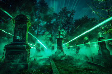 Wall Mural - Spooky neon graveyard in cursed realm isolated on black background.
