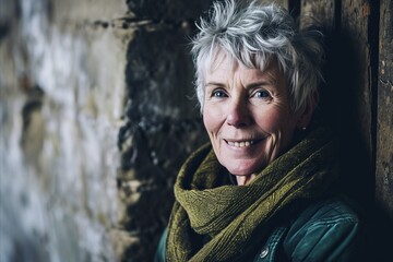 Wall Mural - Portrait of a senior woman in front of an old wall.