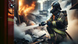Professional Firefighter in Action, Extinguishing Flames with Smoke Billowing Around, Candid Daily Work Environment Theme